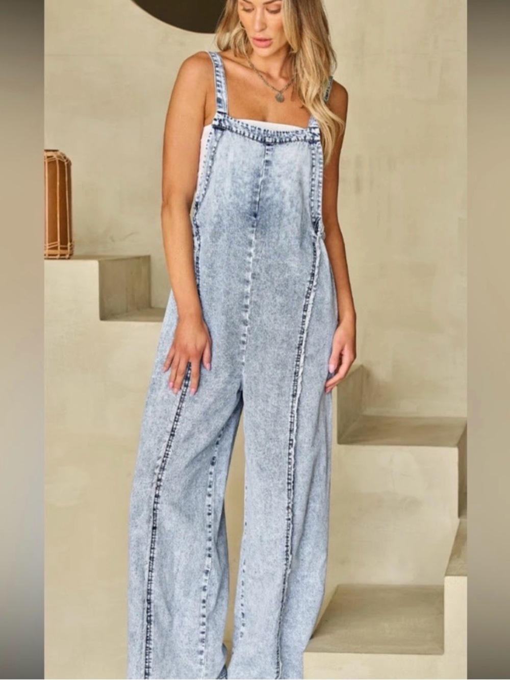NWT Eesome XL Light Acid Wash Wide Leg Denim Overalls